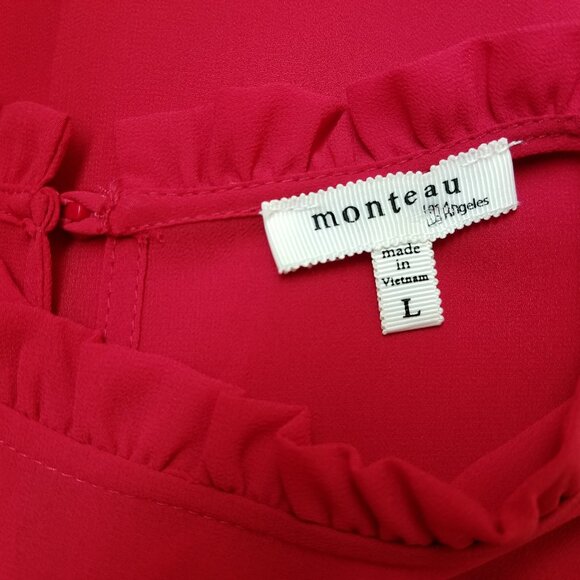 Monteau Red Blouse with Flared Ruffled 3/4 Sleeves & Collar Women's Size Large - Picture 9 of 9